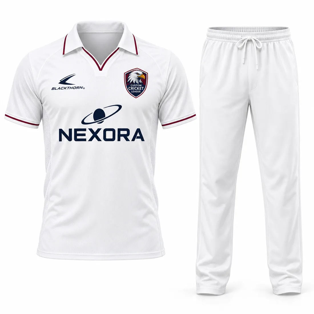 White Maroon Eagle Cricket Whites: custom cricket shirt and trousers, white with maroon trim, with club crest and sponsor