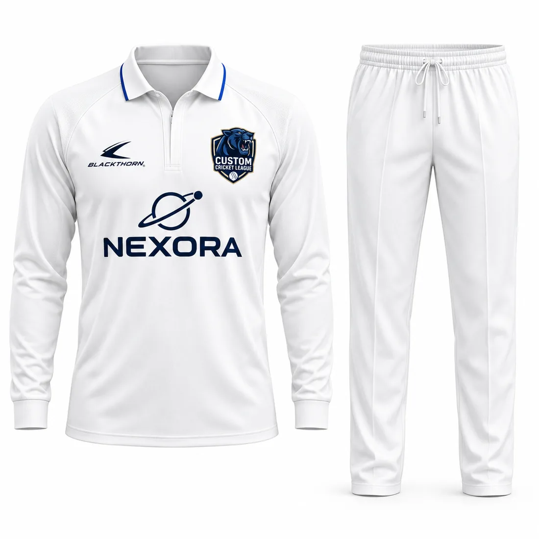 White Royal Panther Cricket Whites: custom cricket shirt and trousers, white with royal blue trim, with club crest and sponsor