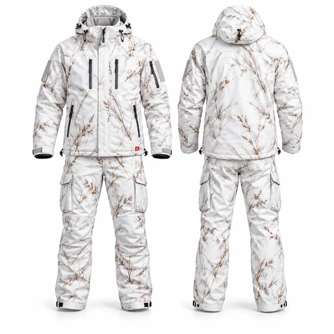 White snow camo parka and pants with tan winter reed print for late season waterfowl