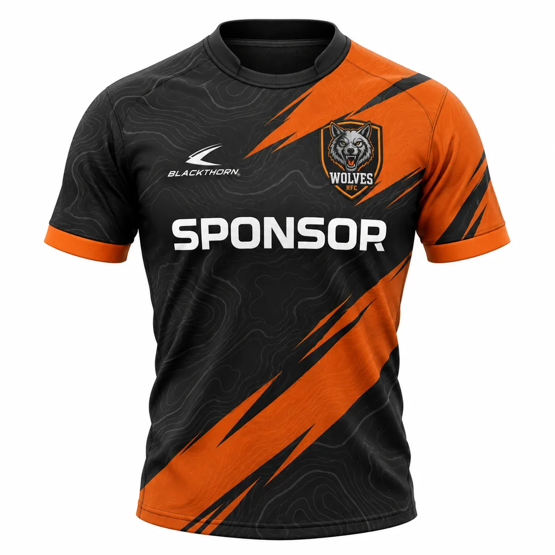 Wolfpack Topo Rugby Jersey — black / blaze orange custom rugby kit made to order by Blackthorn World