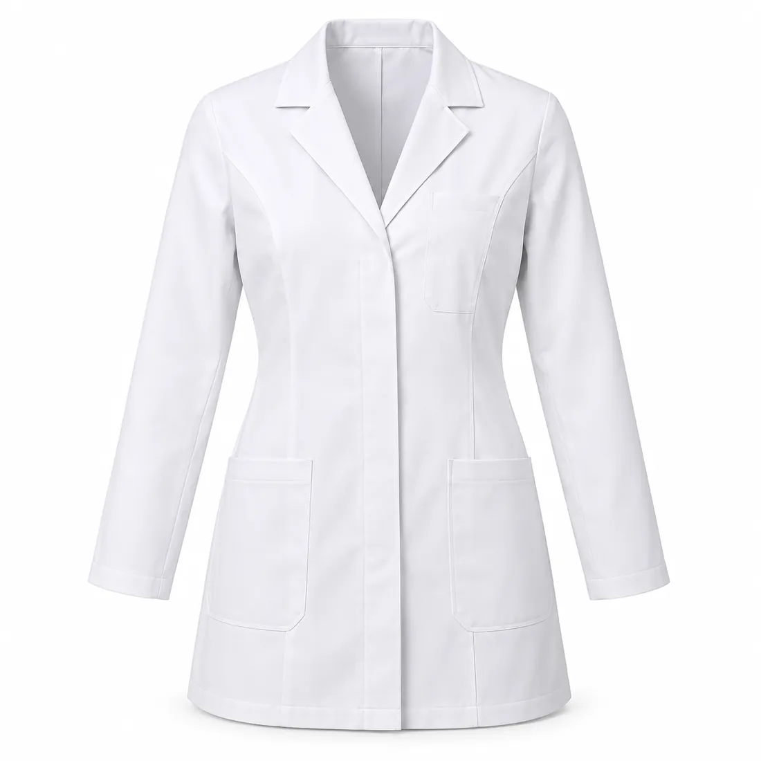 Women's fitted white lab coat with princess seams and concealed front, wholesale by Blackthorn World