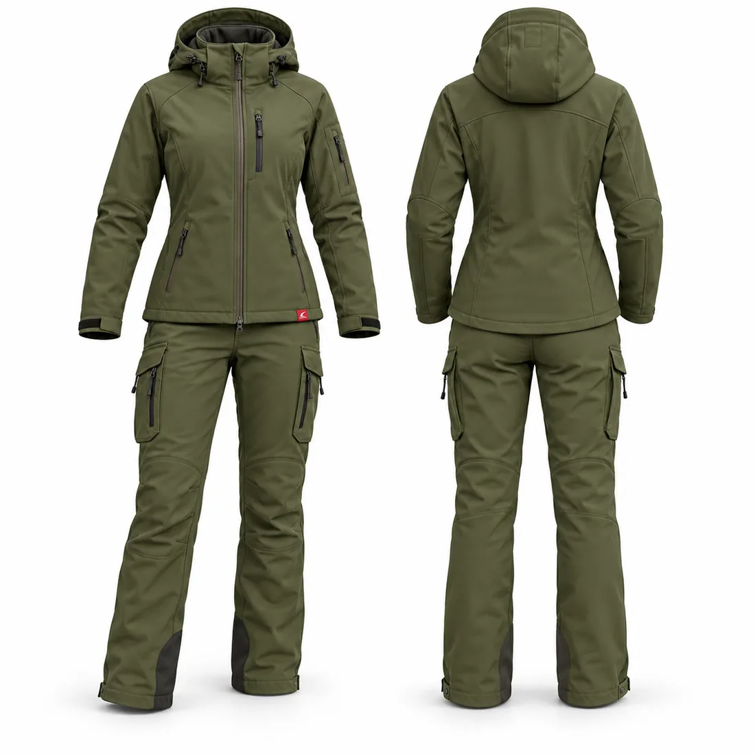 Women's olive softshell hooded hunting jacket and cargo pants set, solid color, front view