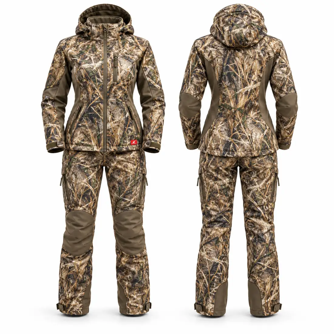 Women's reed and grass camo hunting jacket and pants with reinforced knee patches