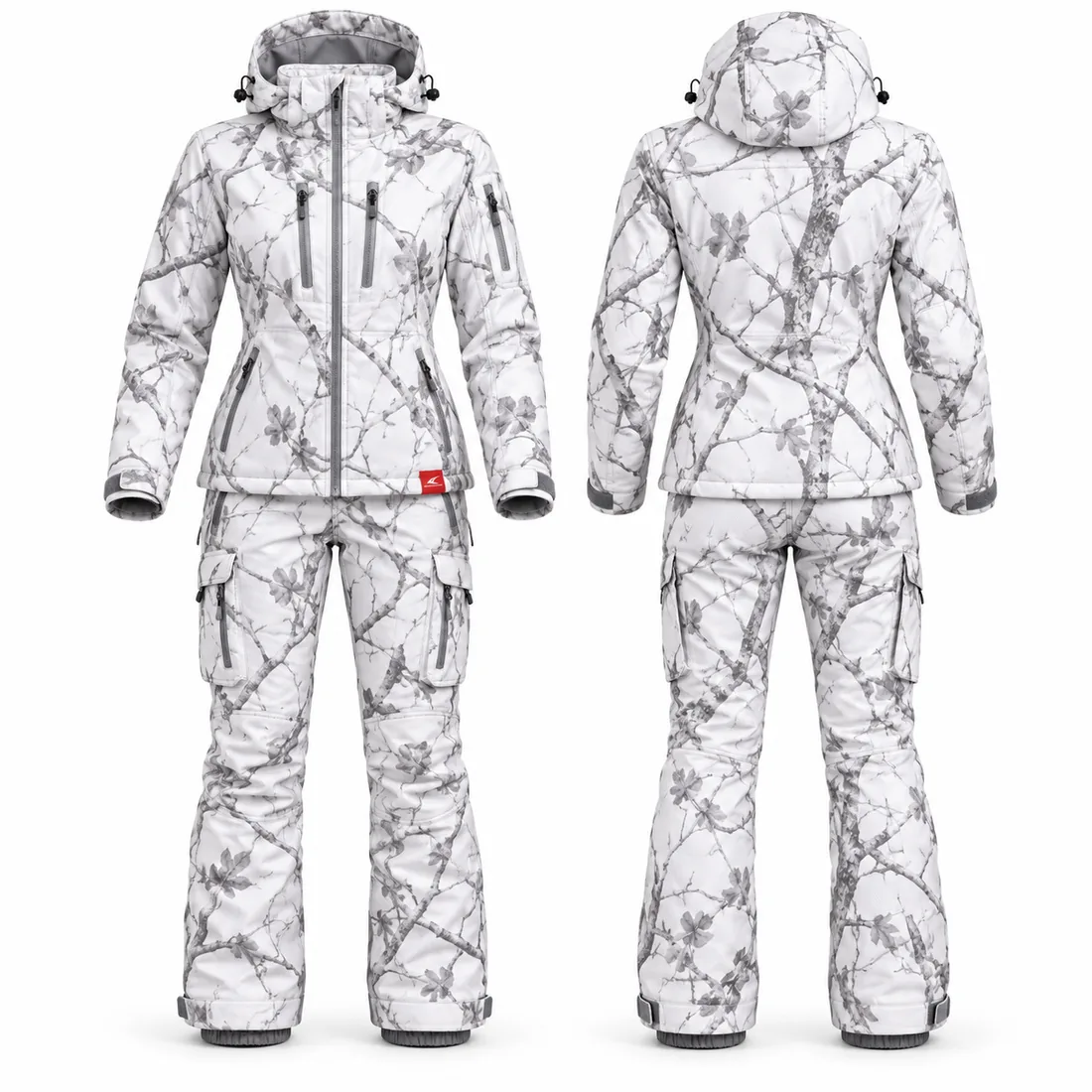 Women's white snow branch camo hooded hunting jacket and pants with grey branch print