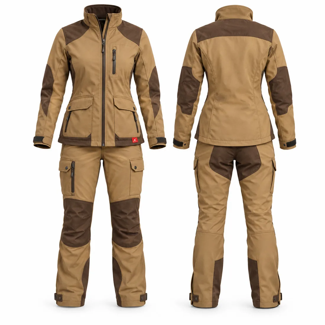 Women's tan upland hunting jacket and pants with brown reinforcement panels on shoulders and knees
