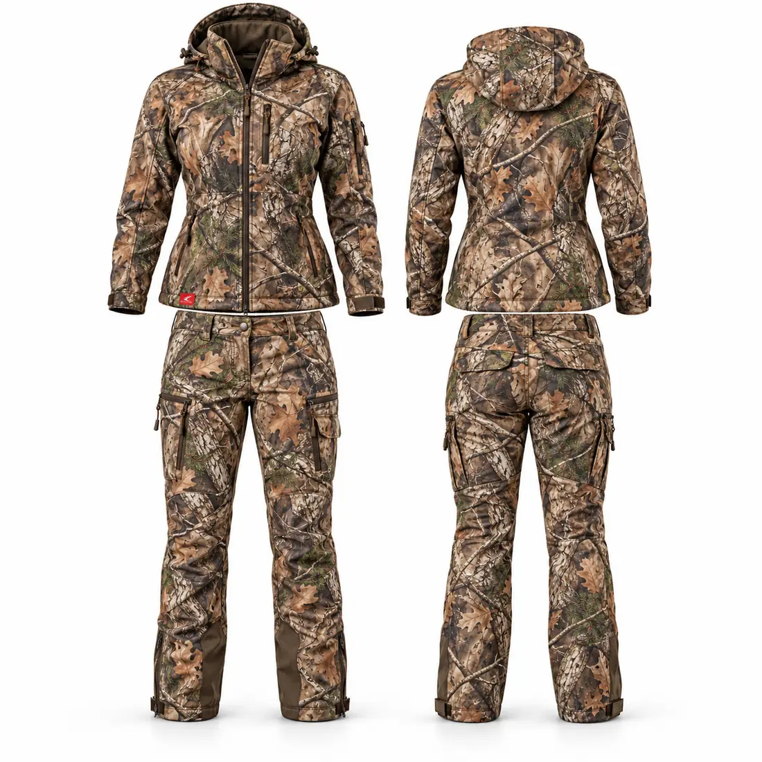 Women's woodland camo hooded hunting jacket and pants set in green and brown leaf print