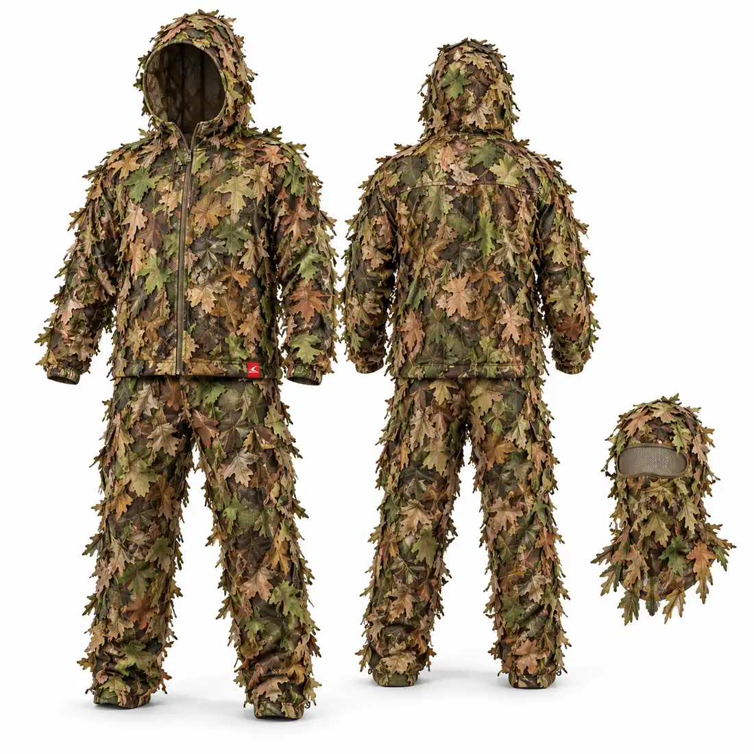 Mixed green and brown woodland 3D leafy suit with face mask, laser-cut leaf layers